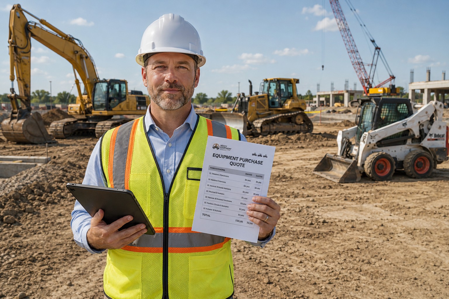 Professional construction contractor holding a tablet and equipment purchase quote at a job site with excavator, bulldozer, skid steer, and crane in the background.